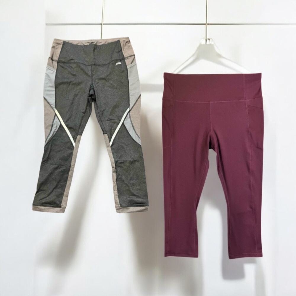 Avia Women's Gray & Purple (SET OF 2) Pull-On Active Capri Pants w/ Pockets Sz L